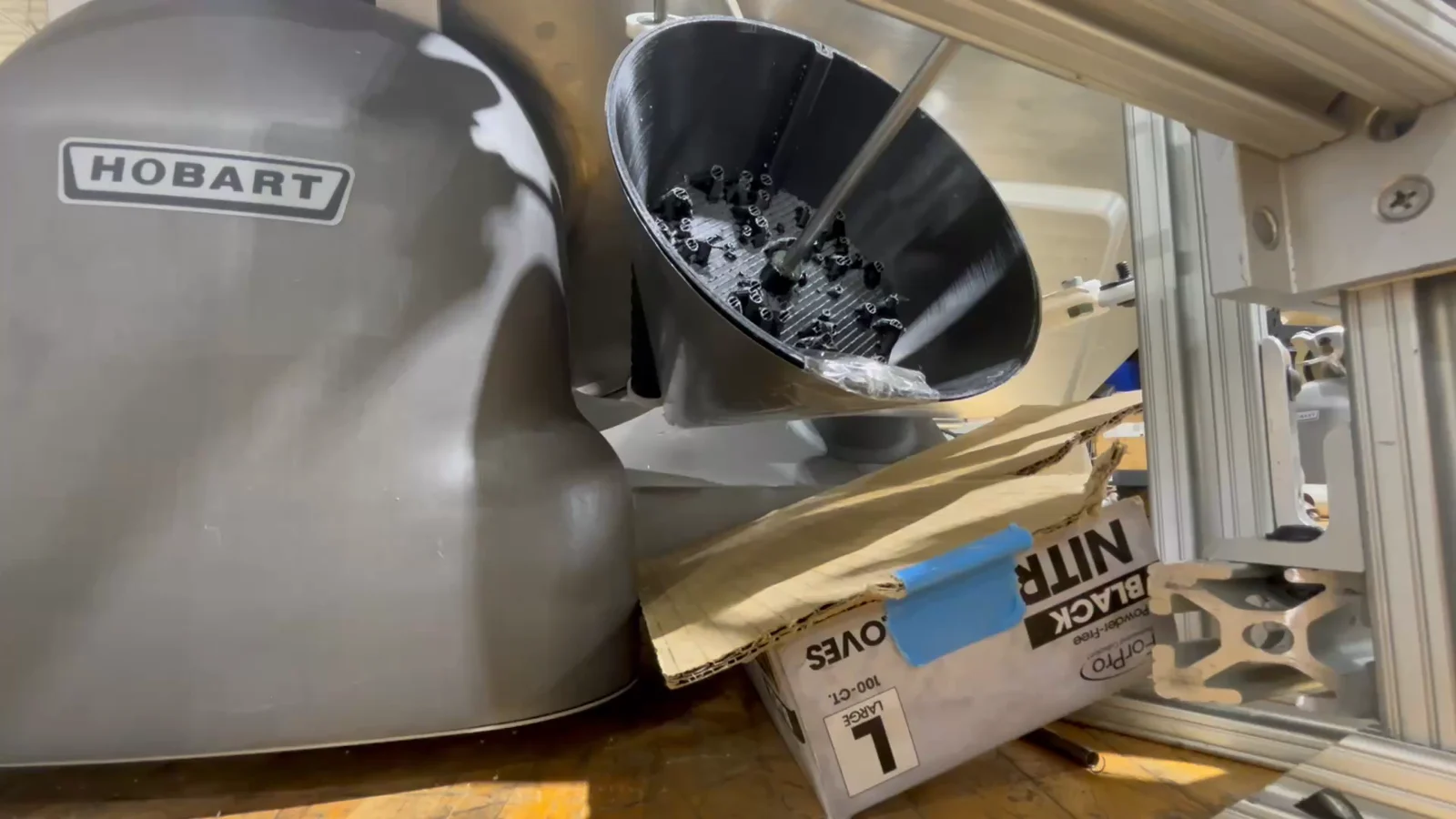 ITW food slicer with Ethan’s cone-based stacking prototype